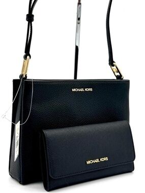 Michael Kors Trisha Medium Crossbody Bag w Matching Trifold Wallet Black/Gold